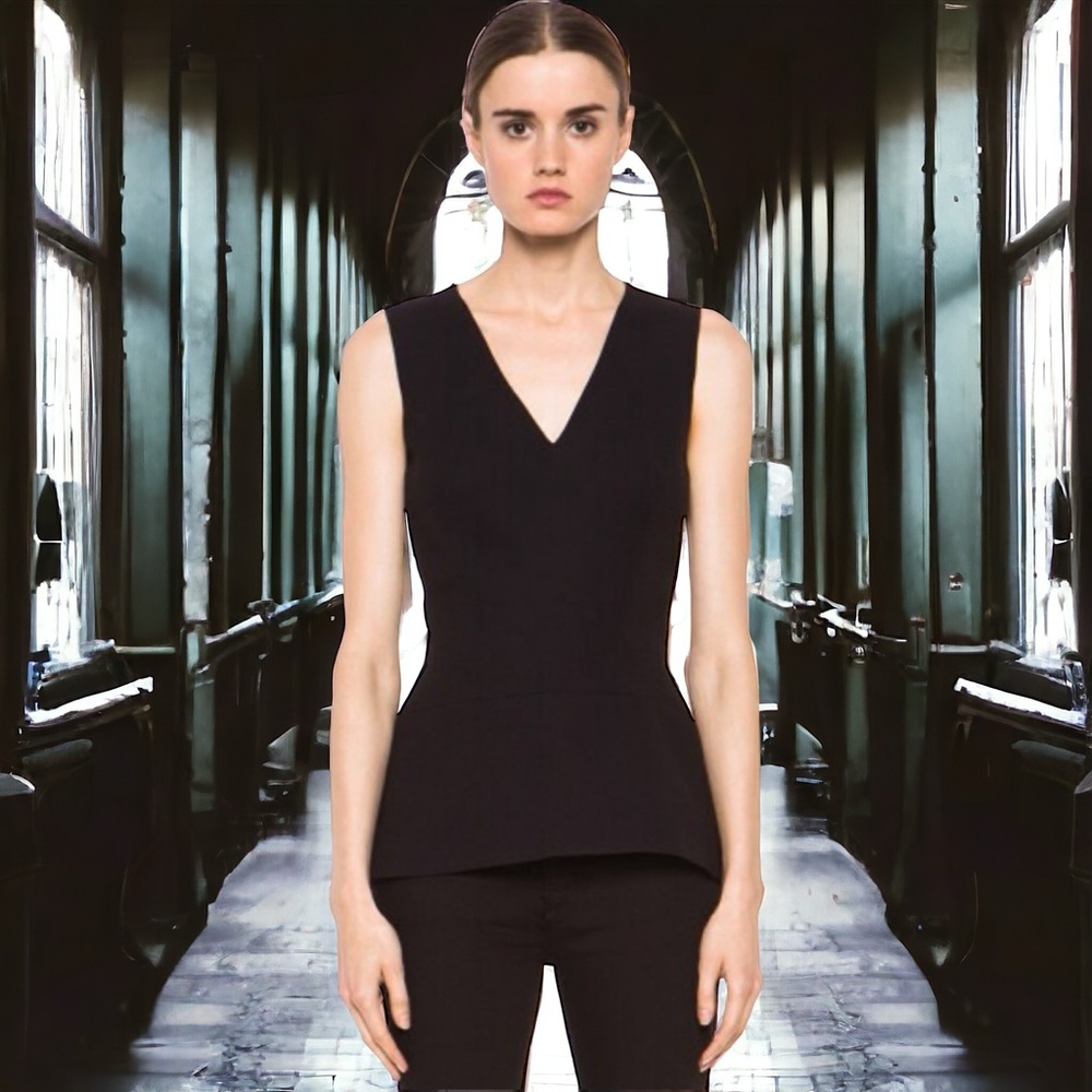 VICTORIA BECKHAM Black Deep V Fitted Peplum Blouse Top SZ 2